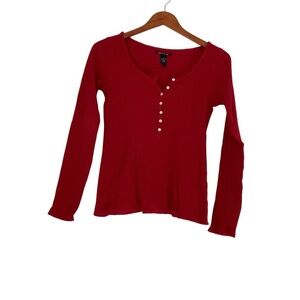 Lucky Brand Women’s Henley Top Sz M Red Waffle Sexy Long Sleeve Y2K  Bella Swan